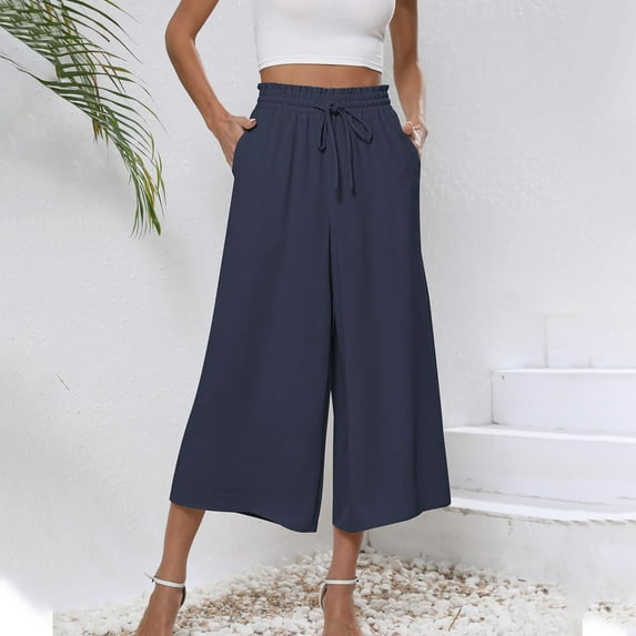 nochalofo Blue Women's Pants, Womens Flowy Wide Leg Pants Casual Summer Beach Elastic Waist Trousers Trendy Business Work Pants with Pockets