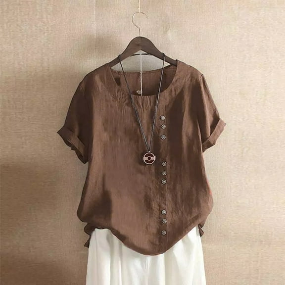 nochalofo Brown Crew Neck Casual Blouses for Women Dressy Casual, Solid Color Round Neck Raglan Sleeve Hem Slit Loose Short Sleeve Button Decoration Casual Tops T Shirt