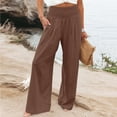 thumbnail image 1 of nochalofo Brown Linen Pants Women, High Waist Wide Leg Palazzo Pants for Women Smocked Elastic Waist Loose Comfy Casual Pajama Pants Pockets, 1 of 7