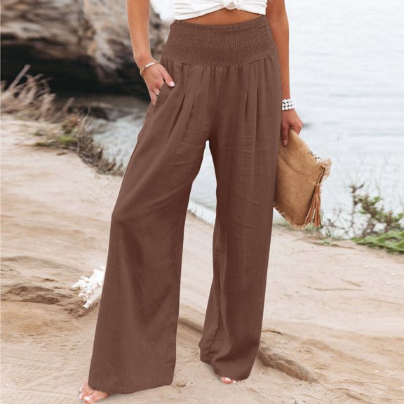 nochalofo Brown Pants for Women, High Waist Wide Leg Palazzo Pants for Women Smocked Elastic Waist Loose Comfy Casual Pajama Pants Pockets
