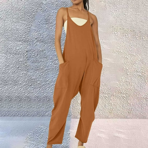 nochalofo Brown Womens Sweatpants, Womens Casual Summer Jumpsuit Sleeveless Loose Solid Color Comfortable Strap Loose Jumpsuit Pocket Jumpsuit for Women