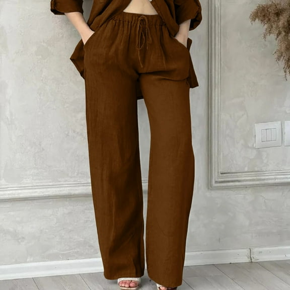 nochalofo Brown Womens Sweatpants, Womens Daily Elastic Waist Pockets Straight Solid Color Casual Pants Loose Long Trousers