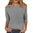 thumbnail image 1 of nochalofo Gray Crew Neck Casual Womens Summer Tops, Solid Color Round Neck Slim Seven Point Sleeve T Shirt Top, 1 of 6