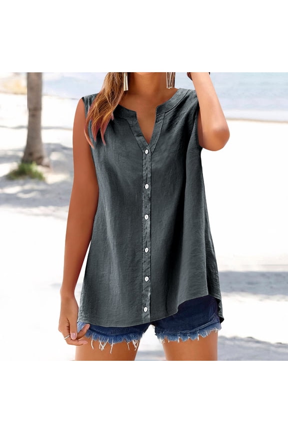 Gray V-Neck Casual Plus Size Tops for Women, Cotton Linen Shirts Sleeveless Collared Tops Oversized Up Blouses Work Shirts Casual Summer Tshirt