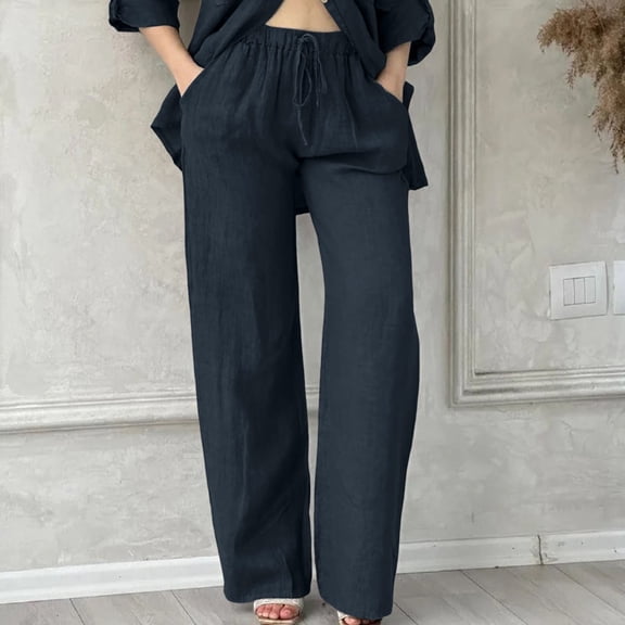 nochalofo Gray Women's Pants, Womens Daily Elastic Waist Pockets Straight Solid Color Casual Pants Loose Long Trousers