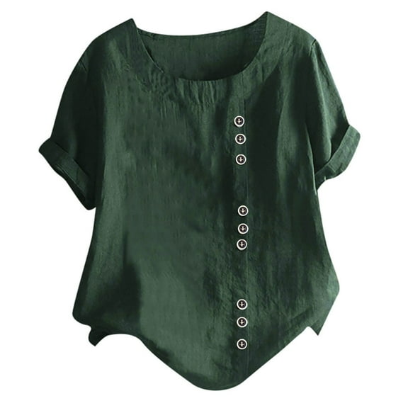 nochalofo Green Crew Neck Casual Plus Size Tops for Women, Plus Boho Daily Casual Blouse Tops Button Linen Loose Size T Shirt Tanic Blouse