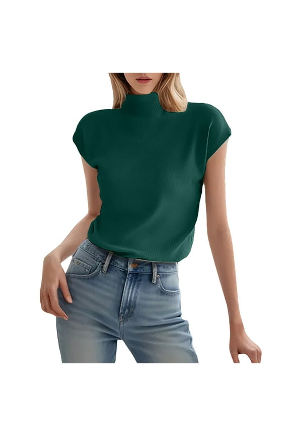 Green Turtleneck Casual Womens Summer Tops, Ice Silk Short Sleeve Sweater Small Turtle Collar Spring and Summer Casual Basic Knitted Slim Fit Pullover
