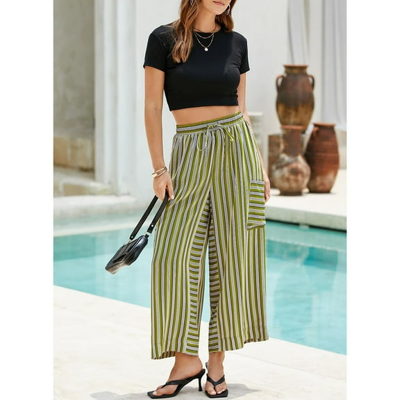 nochalofo Green Wide Leg Sweatpants Women, Women Drawstring Striped Pants Loose Wide Leg Pants Casual Palazzo Pants Trousers with Pockets