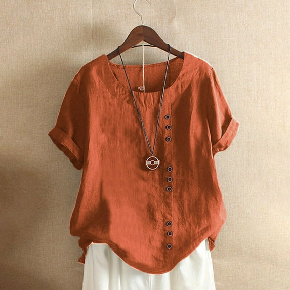 nochalofo Orange Crew Neck Casual T Shirts for Women, Solid Color Round Neck Raglan Sleeve Hem Slit Loose Short Sleeve Button Decoration Casual Tops T Shirt