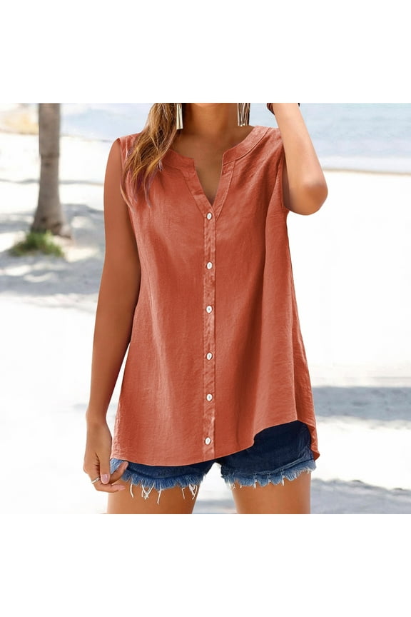 Orange V-Neck Casual Blouses for Women Dressy Casual, Cotton Linen Shirts Sleeveless Collared Tops Oversized Up Blouses Work Shirts Casual Summer Tshirt
