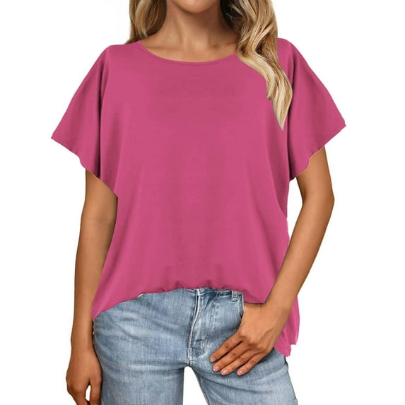 nochalofo Pink Boat Neck Leisure Womens Summer Tops, Batwing Sleeve Oversized T Shirt Loose Crew Top
