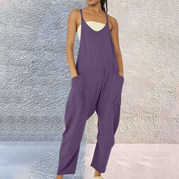 nochalofo Purple Cargo Pants Women, Womens Casual Summer Jumpsuit Sleeveless Loose Solid Color Comfortable Strap Loose Jumpsuit Pocket Jumpsuit for Women