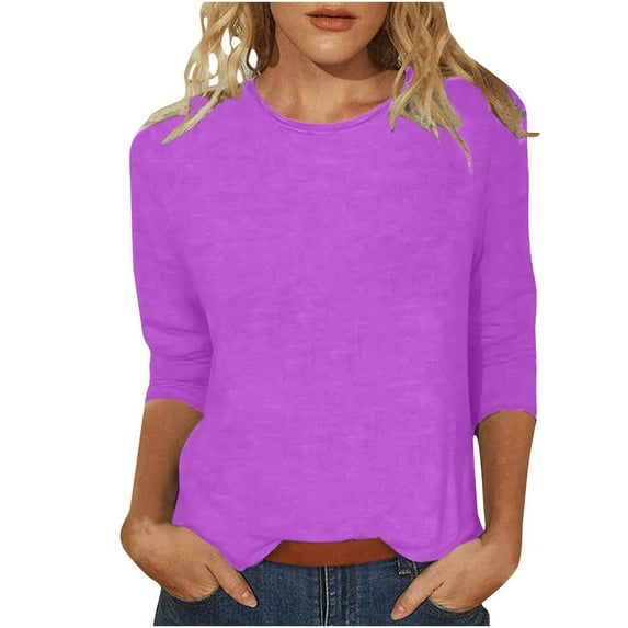 nochalofo Purple Crew Neck Casual Shirts for Women, Solid Color Round Neck Slim Seven Point Sleeve T Shirt Top