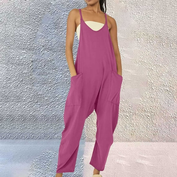 nochalofo Purple Sweatpants Women, Womens Casual Summer Jumpsuit Sleeveless Loose Solid Color Comfortable Strap Loose Jumpsuit Pocket Jumpsuit for Women