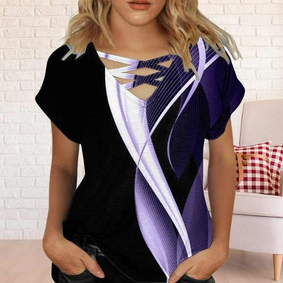 nochalofo Purple V-Neck Casual Graphic Tees for Women, Summer Tops Short Sleeve Shirts Tshirts Loose Casual Tunic Blouses Tees