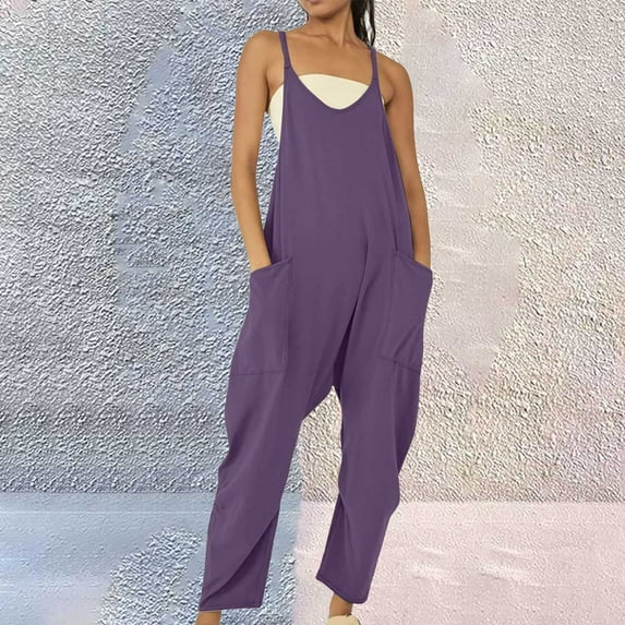nochalofo Purple Womens Sweatpants, Womens Casual Summer Jumpsuit Sleeveless Loose Solid Color Comfortable Strap Loose Jumpsuit Pocket Jumpsuit for Women