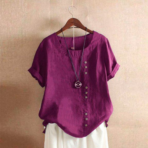 nochalofo Red Crew Neck Casual Womens Tops Dressy Casual, Solid Color Round Neck Raglan Sleeve Hem Slit Loose Short Sleeve Button Decoration Casual Tops T Shirt