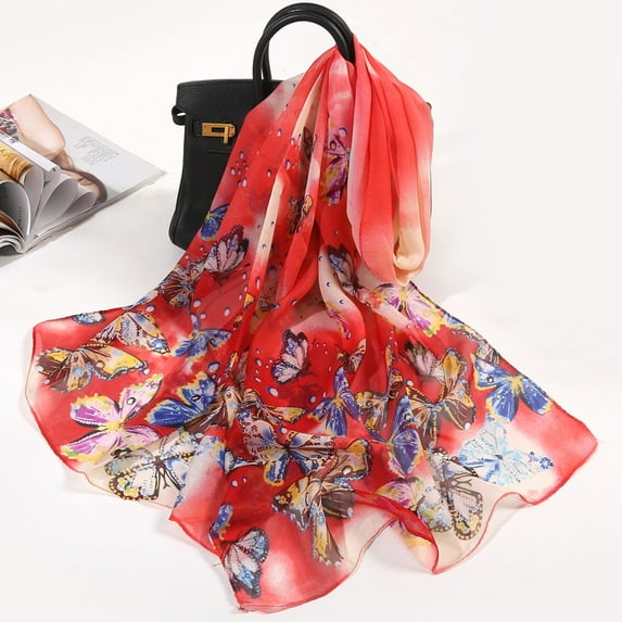 nochalofo Red Silk Scarf, Women's Floral Print Silk-Like Scarf Wrap, 63X20 Inch Lightweight Shawl for Spring & Summer