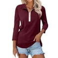 thumbnail image 1 of nochalofo Red V-Neck Casual Womens Tops, 3/4 Sleeve Tops Quarter Zip Collared Shirts Shirts Summer Tees, 1 of 4