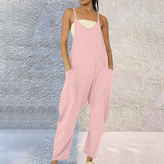 nochalofo Red Women's Pants, Womens Casual Summer Jumpsuit Sleeveless Loose Solid Color Comfortable Strap Loose Jumpsuit Pocket Jumpsuit for Women