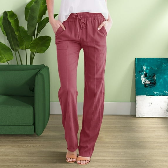 nochalofo Red Womens Sweatpants, Solid Straight Linen Pants Waist And Long Women Casual Elastic Drawstring Cotton Pants