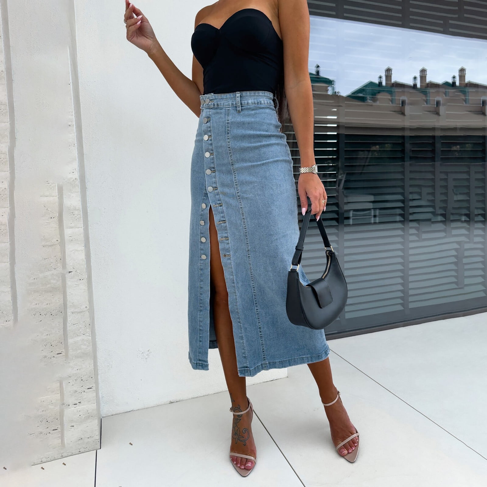 Women's Plus Size A-Line Long Denim Skirt - Mid Rise Maxi Embroidered Jeans Skirt With Pockets