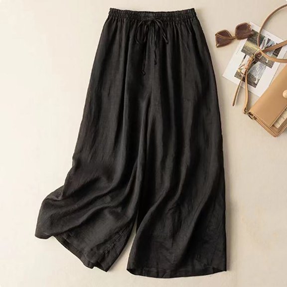nochalofo Women's 2025 Casual Wide Leg Pants - Japanese Style Elastic Waist Loose Trousers for Spring & Autumn | Cotton Linen Blend, Solid Color, Comfort Fit