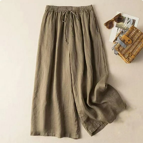 nochalofo Women's 2025 Casual Wide Leg Pants - Japanese Style Elastic Waist Loose Trousers for Spring & Autumn | Cotton Linen Blend, Solid Color, Comfort Fit