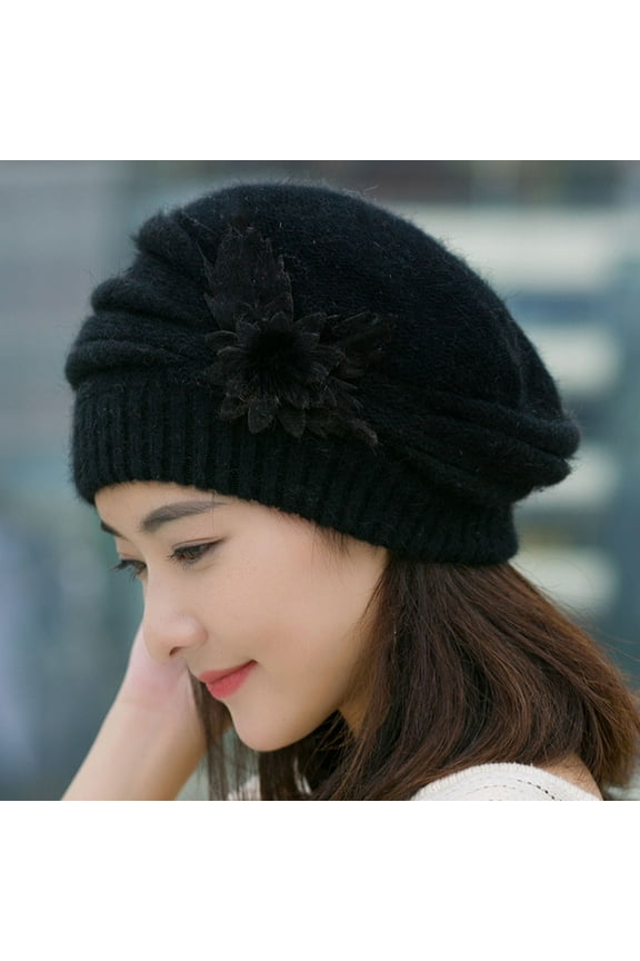 Womens&nbsp;Hats, Fashion Womens Flower Knit Crochet Beanie Hat Winter Warm Cap Beret, Black
