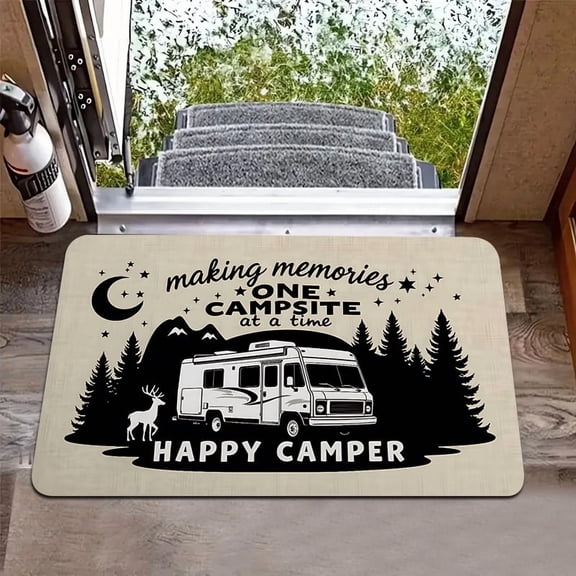 This non-slip RV floor mat features a retro campervan and pine tree pattern, is machine washable, made of polyester, and suitable for indoor and outdoor areas such as kitchens,bathrooms,and entrances
