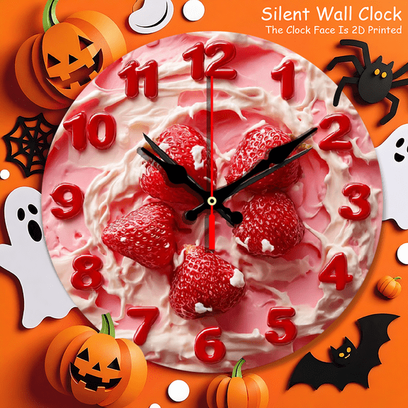 none 1pc Strawberry Dessert 12-Inch Round Wall Clock - Silent Non-Ticking Nursery Home Decor with Cute Strawberry Whipped Design, Pink Face Red Hands, Easy-to-Read Numerals
