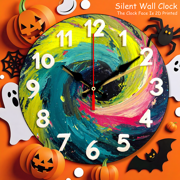 none 2D 10-Inch Colorful Swirl Paint Wall Clock - Vibrant Spiral Art Design, Black Background, Silent Non-Ticking, Modern Abstract Decor for Living Room/Bedroom