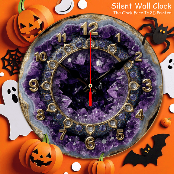 none 2D Flat 10-Inch Amethyst Geode Wall Clock - Purple Crystal Cave Design, Gold Numerals, Silent Non-Ticking, Boho Gemstone Decor for Living Room/Bedroom