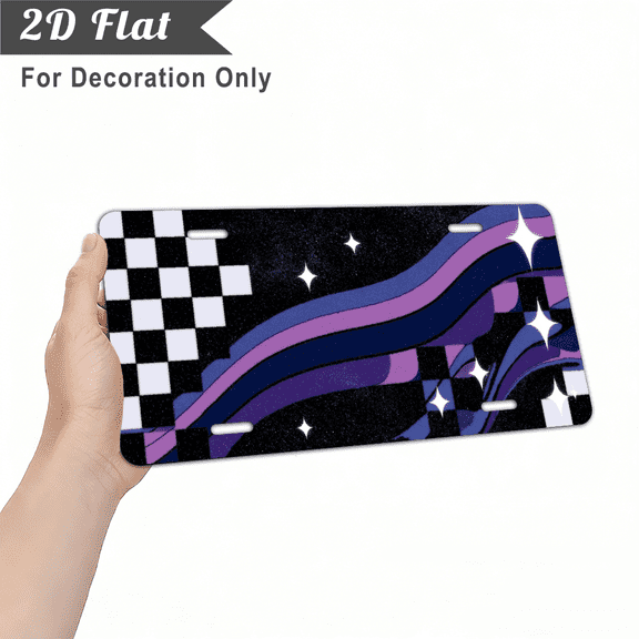 none 2D Flat, 1pc Only available for decoration, with Black White Checkerboard Pattern, Purple Navy Wave Lines and White Stars, Vintage Decorative Plate, Aluminum Metal Sign Wall Decor, Mysterio