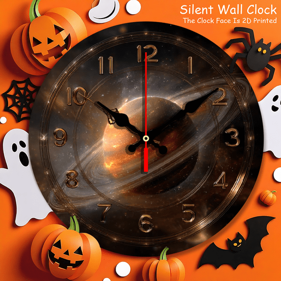 none 2D Flat Clocks with a Starry Saturn Theme Design, Perfect As Holiday Gifts And Decorations for Christmas, Thanksgiving, And New Year. This Round Clock Features a Frameless