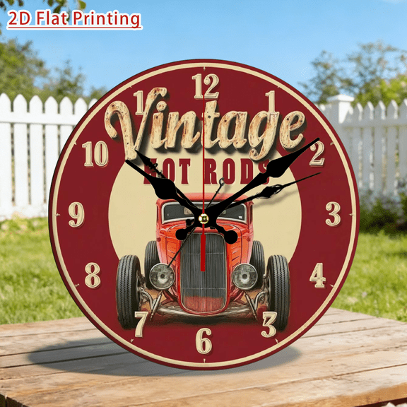 none 2D Flat Vintage Hot Rods Silent Non-Ticking Wall Clock -Retro 1950s Car Design with Red Face Black Numbers, Large Easy-Read Hands, Garage