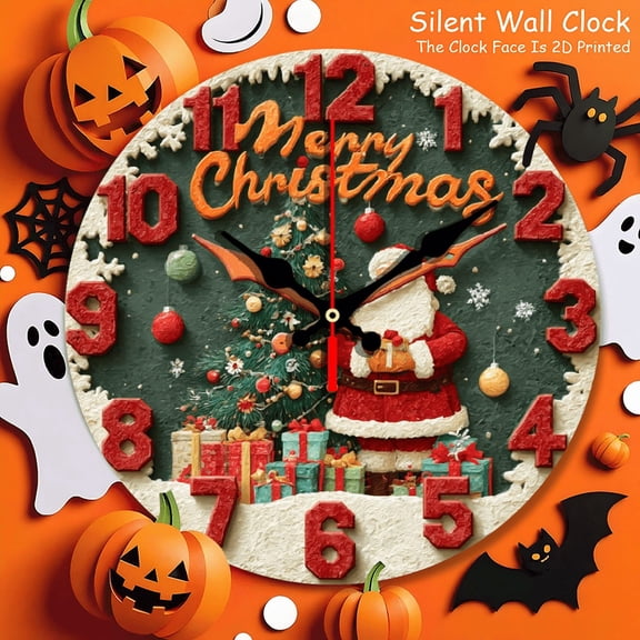none 2D Merry Christmas Wall Clock - Santa Claus & Xmas Tree Design, Festive Decor for Home/Office, Round Decorative Clock with Gift & Snowflake Elements