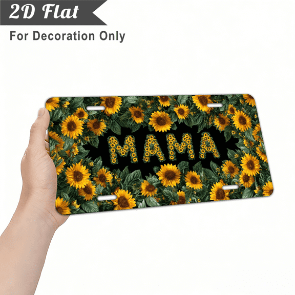 none Car P Is for Decorative Use Only, a 2D Flat Design Specifically for Unisex License Plate Covers and Frames Features a Sunflower Decorative Pattern Surrounding the Letters MAMA, an Aluminum