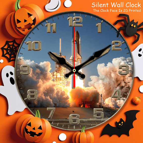 none Rocket Launch 2D Wall Clock - Space Theme Decorative Clock, 2D Planar Design with Golden Numerals, Silent Movement, Stylish Home Accent for Space Enthusiasts, Living Room/Bedroom Decor