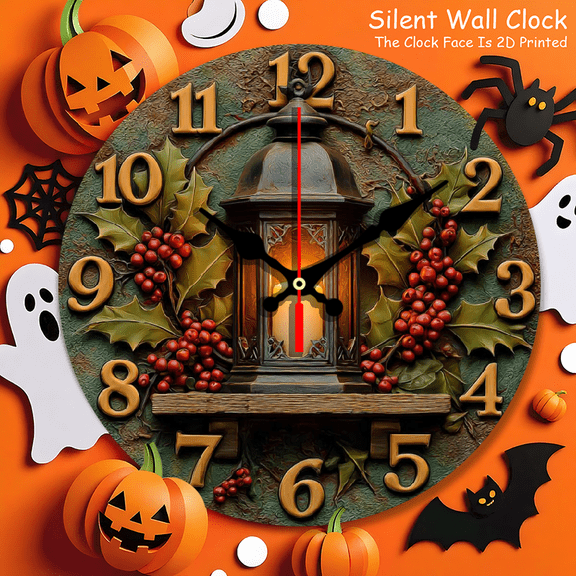none Vintage 3D Effect Lantern Wall Clock with Holly & Berries, Rustic LED Candle Decorative Clock for Living Room, Farmhouse Style Home Decor (2D Printed, Silent Movement)