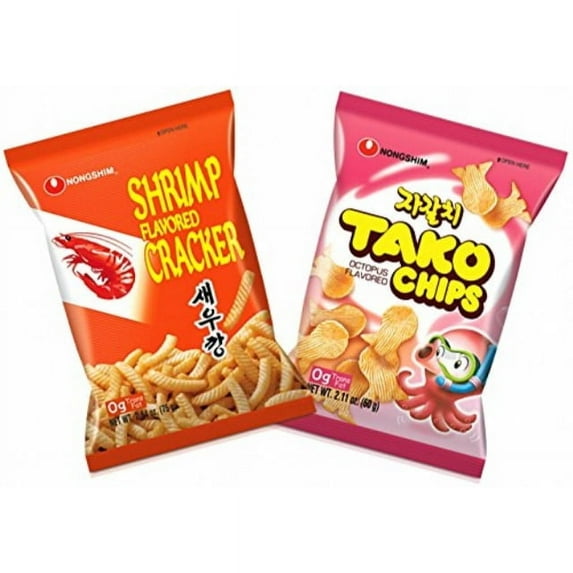 nongshim shrimp flavored cracker, tako chips combo pack (pack of 2)