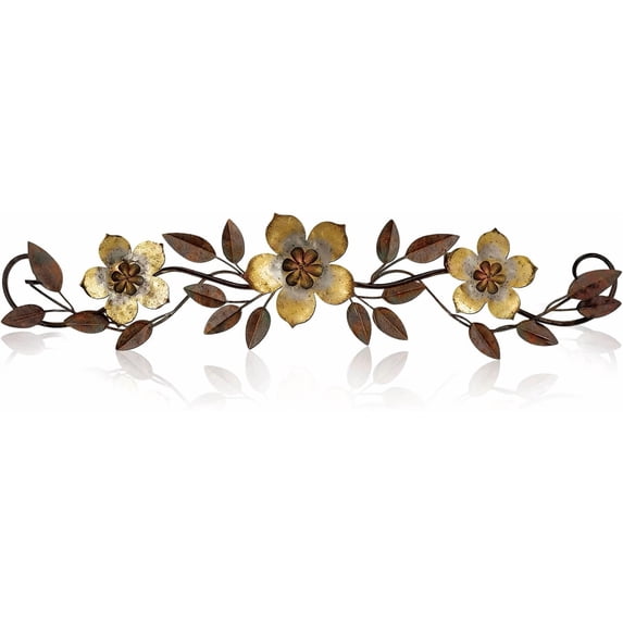 norband Metal Flower Wall Decor Vintage Spring Metal Flower Wrought Iron Scroll Sculpture 15.7''x3.7'' Farmhouse Leaf Wall Decor with Nails for Summer Bedroom Kitchen Indoor Outdoor(Gold)