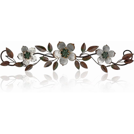 norband Metal Flower Wall Decor Vintage Spring Metal Flower Wrought Iron Scroll Sculpture 15.7''x3.7'' Farmhouse Leaf Wall Decor with Nails for Summer Bedroom Kitchen Indoor Outdoor(Silver Gray)