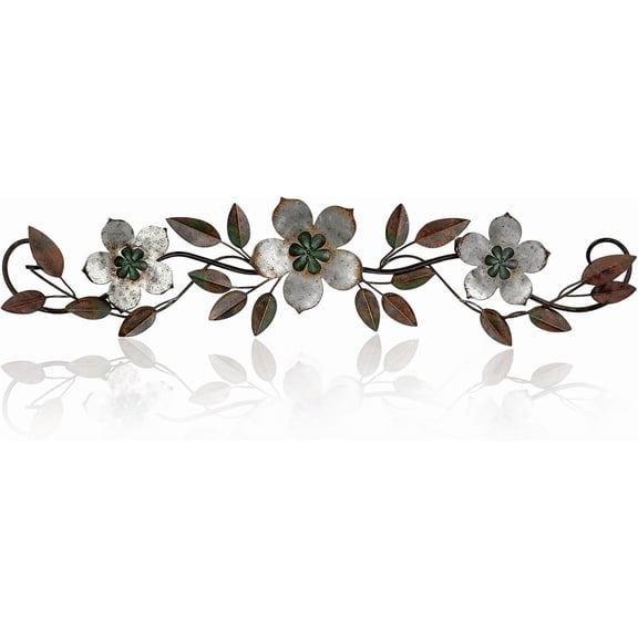 norband Metal Flower Wall Decor Vintage Spring Metal Flower Wrought Iron Scroll Sculpture 15.7''x3.7'' Farmhouse Leaf Wall Decor with Nails for Summer Bedroom Kitchen Indoor Outdoor(Silver Gray)