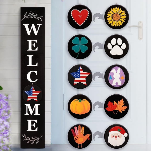 norband Welcome sign for front porch standing, 47 x 7.9 Inch Wooden Leaner Sign with 10 Interchangeable Designed Icons, Seasonal Decor for Spring Easter Fall Christmas(Black)