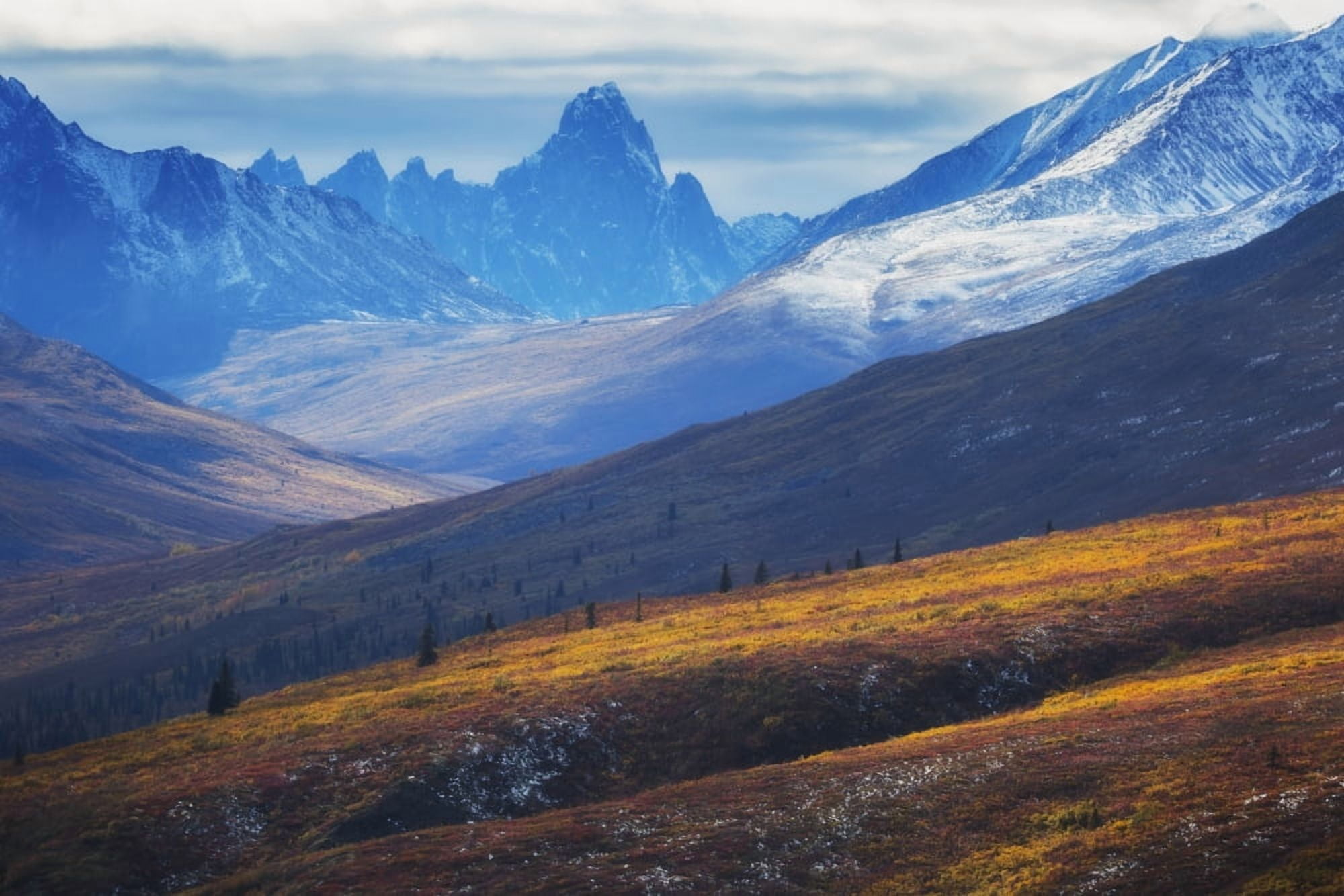 The north Klondike valley lights up along the Dempster Highway with Tombstone mountain in the distance Yukon Canada Canvas Art - Robert Postma Design Pics (19 x 12)