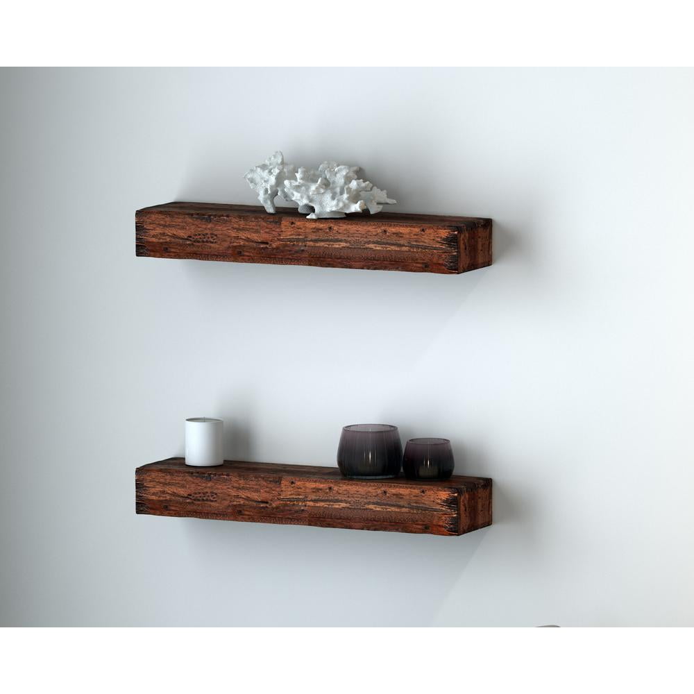 24" Brown Hardwood Floating Wall Mantel Shelves, Set of 2