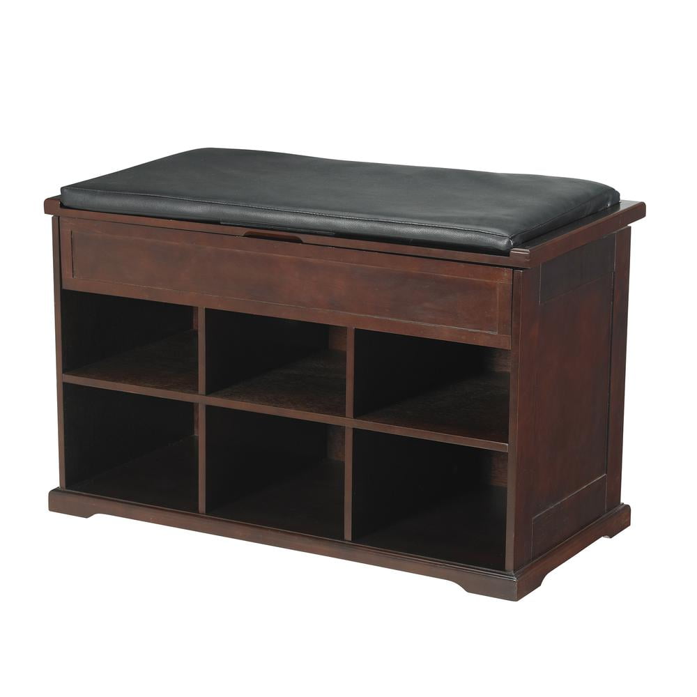 Mahogany Shoe Storage Bench with Black Cushion and Cubbies