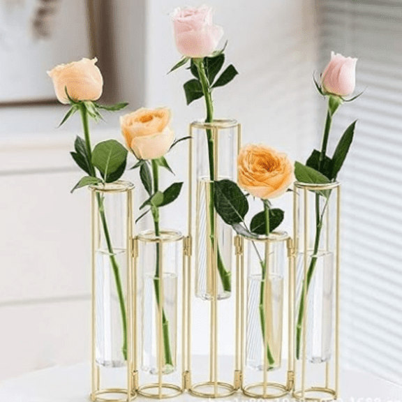 nother Test Tube Vase for Flowers, Glass Vase with Metal Stand Racks Hydroponic Test TubeVase Set of 5, Gold Hinged Plant Vases Display Set Table Centerpieces Vase for Home Decor (Gold)