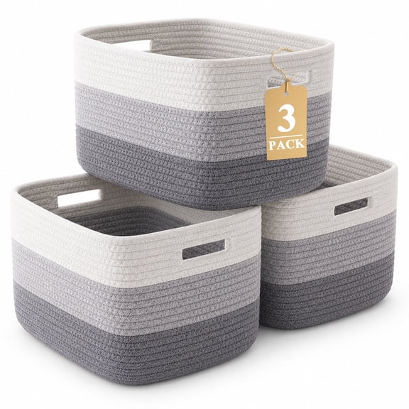 TARNIQOZ Storage Baskets, 3 Pack Woven Storage Baskets for Shelves, Cotton Rope Baskets with Handles for Toys, Towels, Clothes, 14.17" L x 9.05" W x 8.46" H